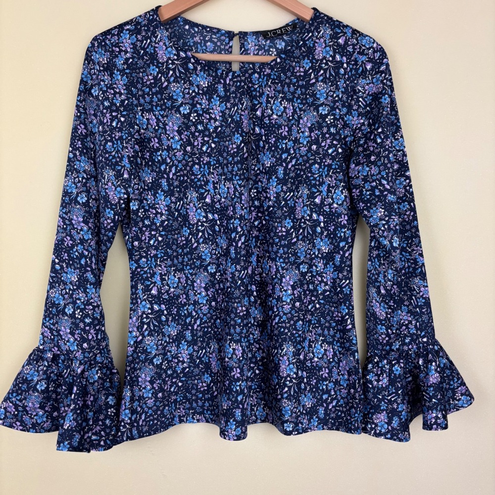 J.Crew Women's Floral Ruffle Sleeve Blouse SZ XS Blue Purple Casual Top